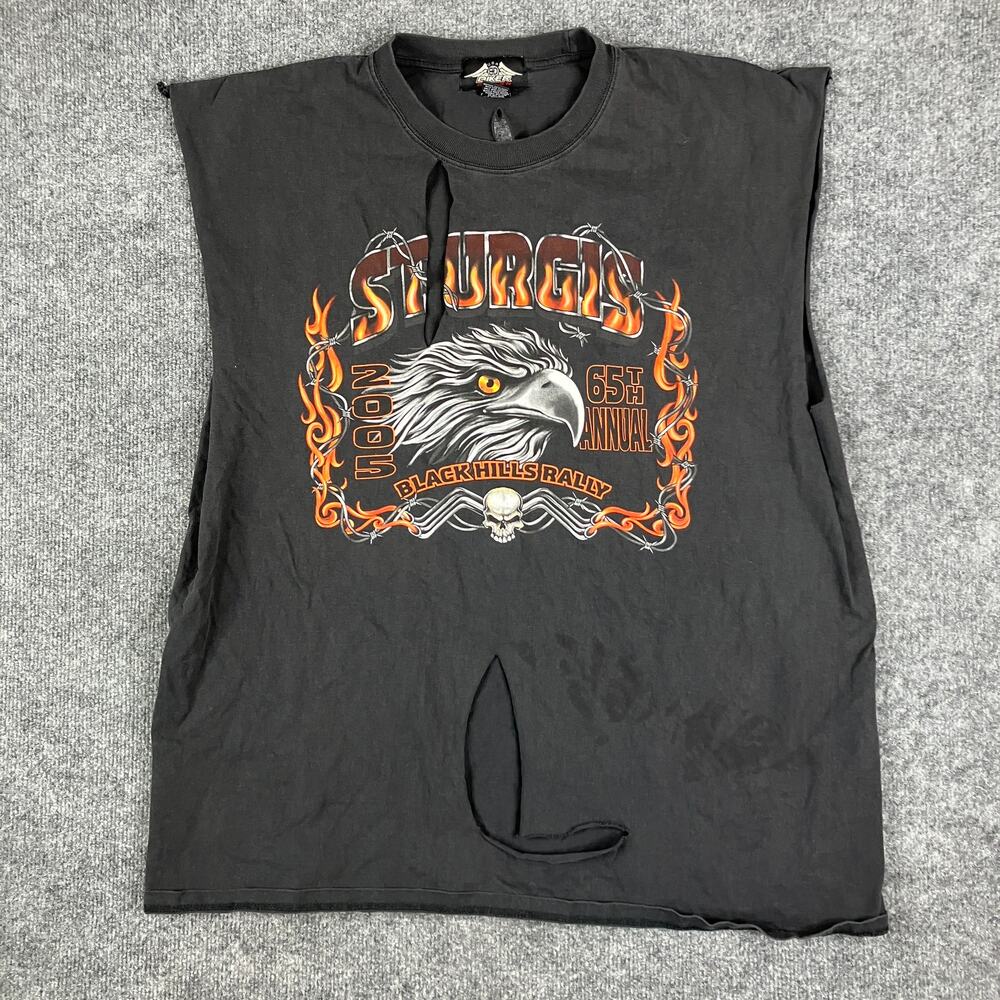 Biker Design T-Shirt Mens 2XL Black Sturgis Rally Cutoff Distressed Biker Tee